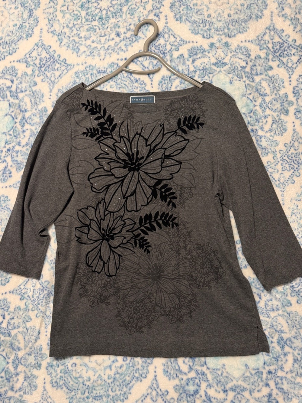 Karen Scott Gray Floral-Print 3/4 Sleeve Tee